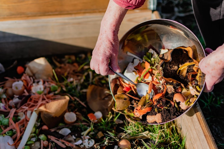 Photo person who put in a composter some kitchen waste like vegetables fruits eggshell coffee grounds in order to sort and make bio fertilizer