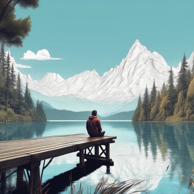 Photo a person who sitting on the bench looking at the mountains