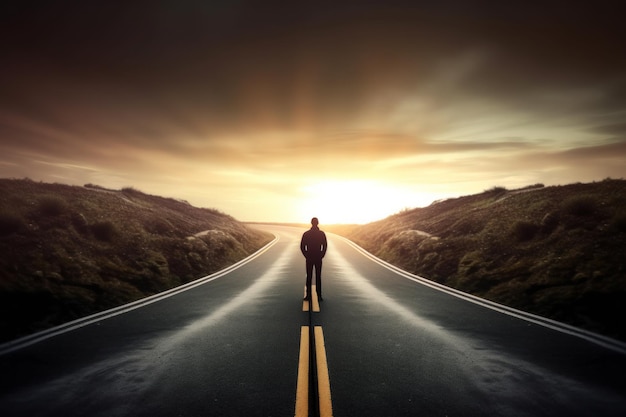 Person on the Winding Road to Success Amidst Blurred Nature Background