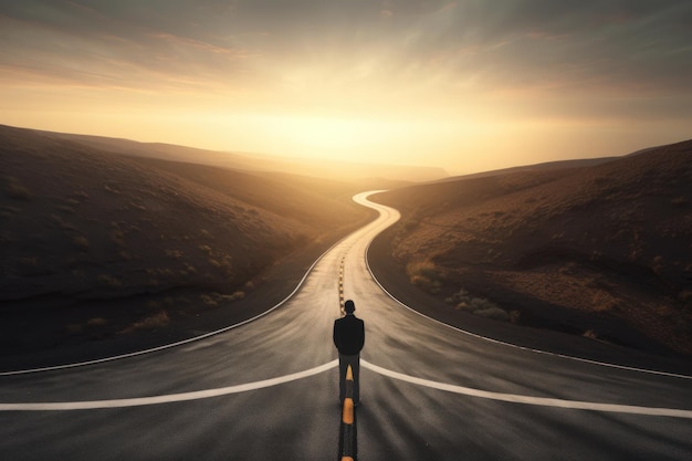 Photo person on the winding road to success amidst blurred nature background