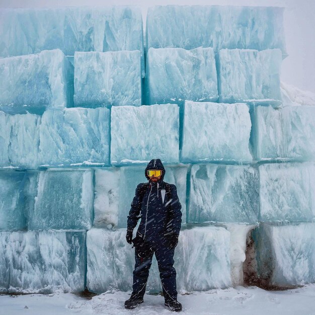 Foto persona in abiti da inverno con l'igloo sullo sfondo