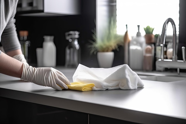 Person wiping down kitchen counter with disinfectant wipes created with generative ai