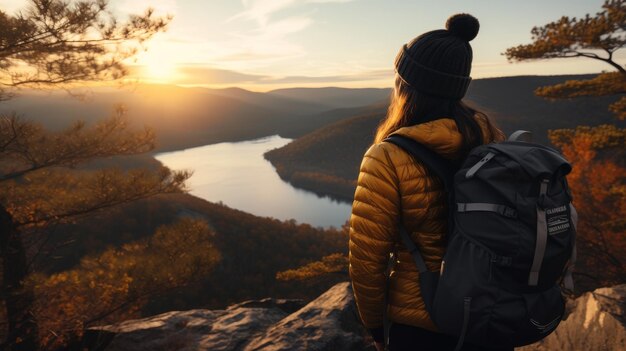 A Person With a Backpack Looking Out Over a Lake