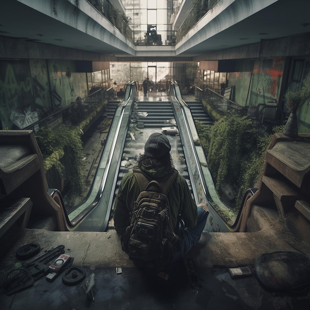 A person with a backpack sits on an escalator in an abandoned building.
