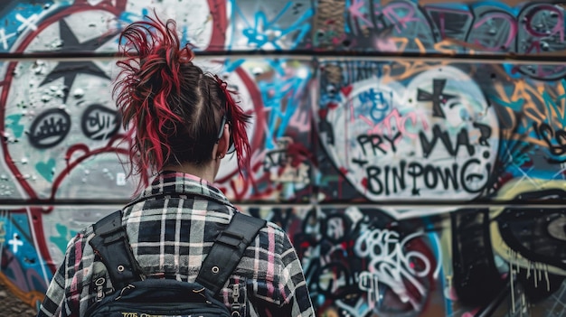 Человек с рюкзаком стоит перед стеной, покрытой ярким граффити