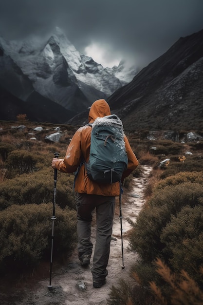 A person with a backpack on their back walks through a field of grass and mountains.