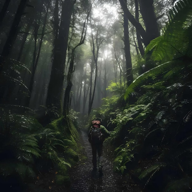 A person with a backpack walking through a forest