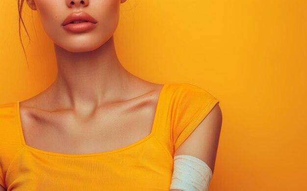 Person with bandage on arm on orange background