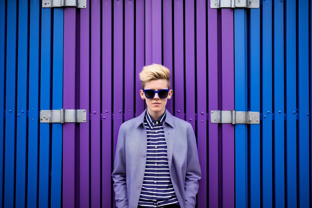 A person with blonde hair and sunglasses standing in front of purple and blue doors