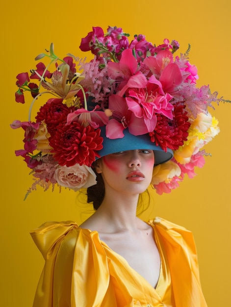 A person with a bouquet of multicolored flowers on head