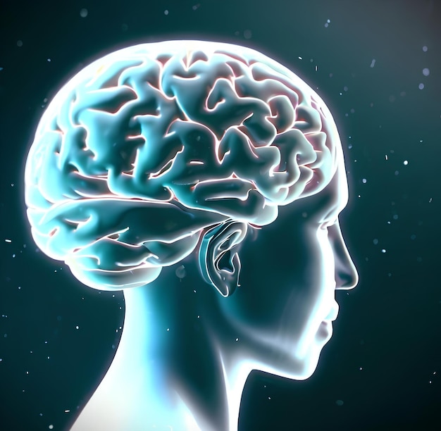 A person with a brain in front of a dark background.