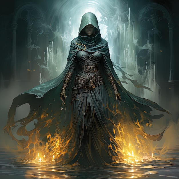 a person with a cape on their head is standing in flames