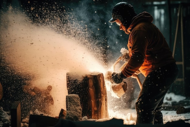 A person with a chainsaw and sawdust chopping logs for winter fire