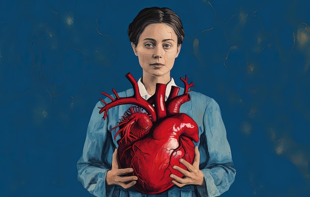 Человек с голубым фоном на груди и красным сосудом в стиле научных иллюстраций
