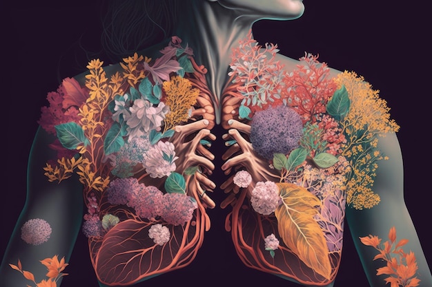 Person with closeup of their lungs surrounded by blooming flowers created with generative ai