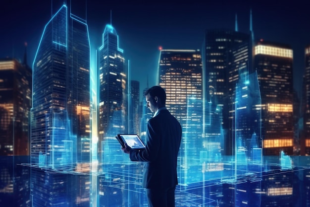 A person with a digital tablet and a hologram of modern buildings Illustration AI GenerativexA