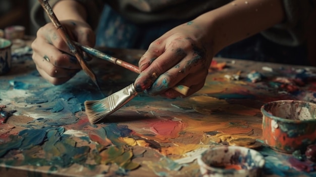 A person with dirty hands holds paint and paints on a table.