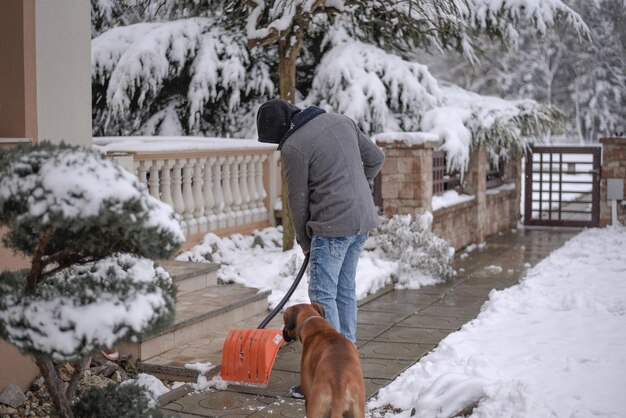 Person with a dog cleaning the snow on the road with a shovel during heavy winter weather