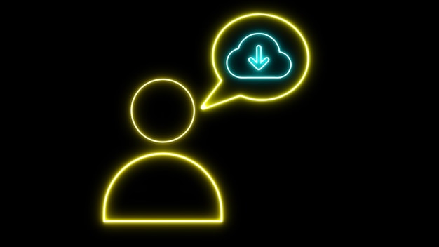 Person with download icon neon glowing on a black background