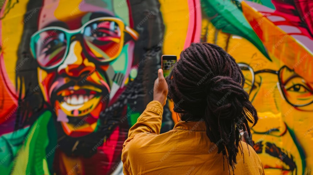 A photograph of a person documenting a mural with a camera, carefully capturing the details and colors. - section 5