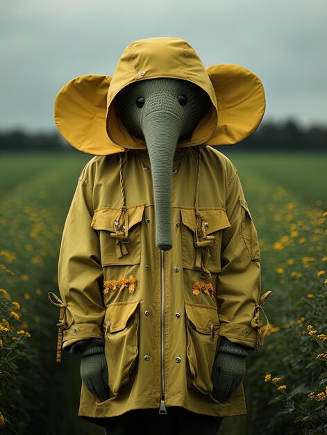 a person with an elephant head and a yellow raincoat on