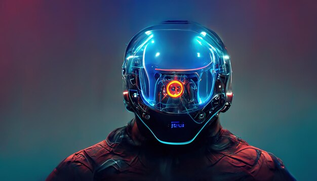 Person with futuristic virtual reality helmet and jumpsuit