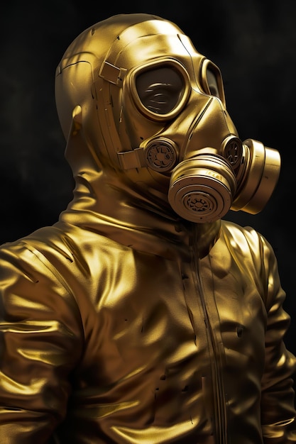 Person with gas mask in dark gold style A close up of man in gas mask Toxic attack