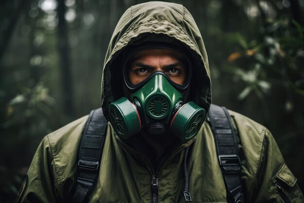 Фото Человек с газовой маской в таинственном лесу