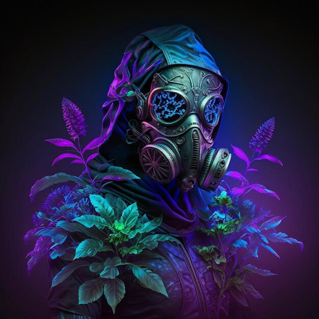 A person with a gas mask and plants on their face