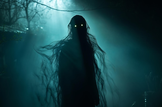 a person with glowing green eyes standing in the dark