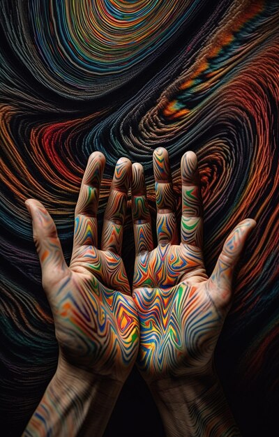 Foto una persona con le mani dipinte con disegni colorati su di loro