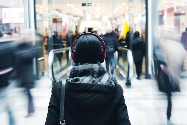 Photo person with headphones on entering busy mall