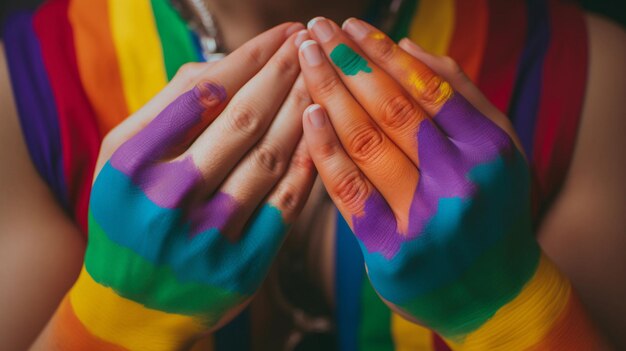 person with heart with a rainbow flag on it in the style of authentic details strong emotional imp