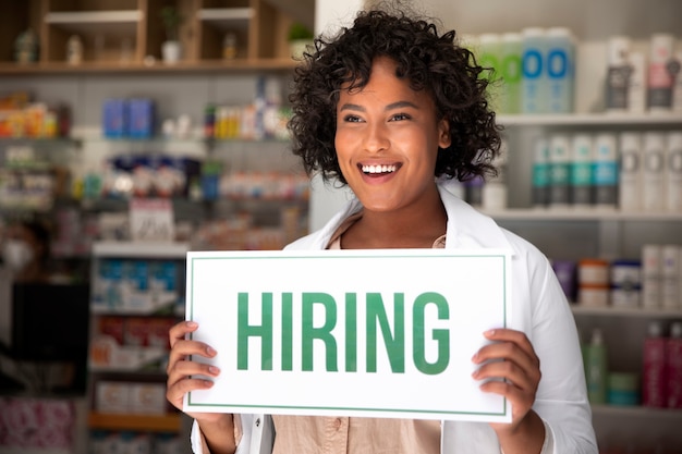 Photo person with hiring sign by the window