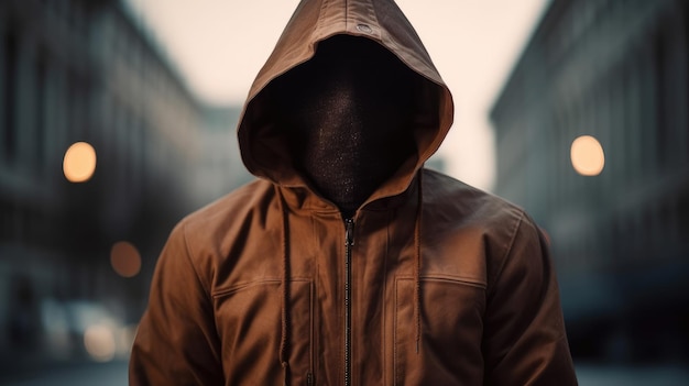 A person with a hood on his head is wearing a brown hoodie.