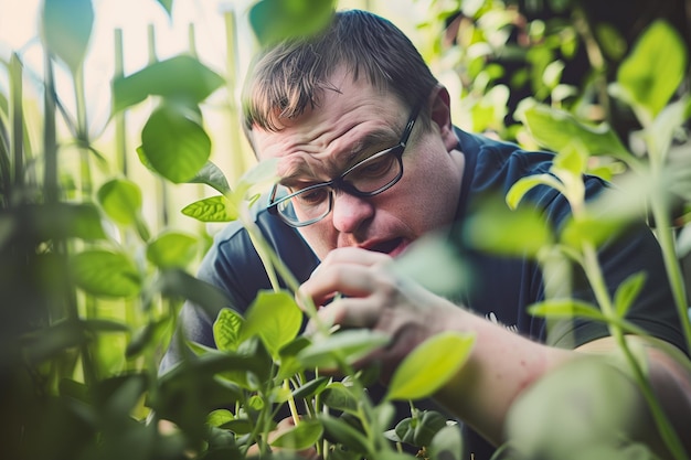 庭の植物の世話をする知的障害のある人