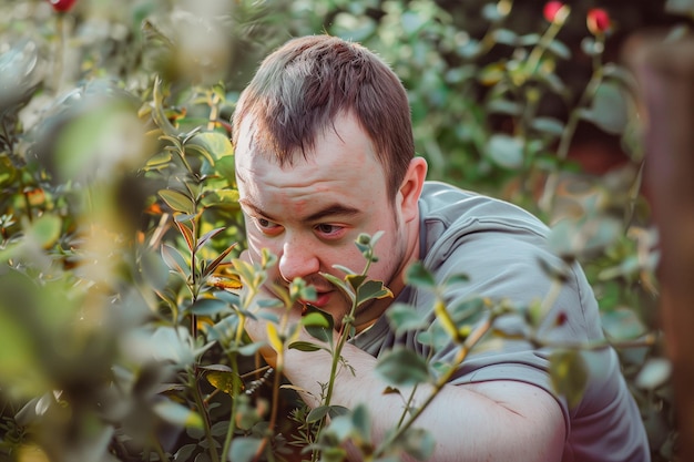 庭の植物の世話をする知的障害のある人