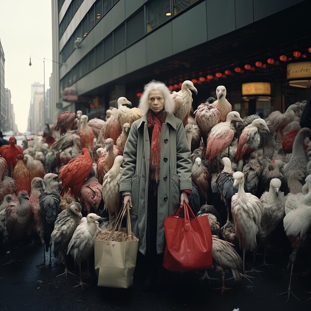 Photo a person with a long beard and a long white beard is walking in front of a large flock of chickens