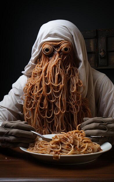 Foto una persona con una lunga barba e un piatto di spaghetti su di essa