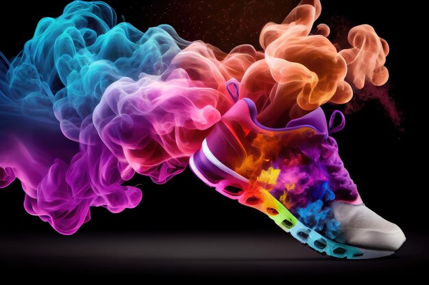 Person with magic wand in hand creating colorful smoke effects for sport shoes advertisement