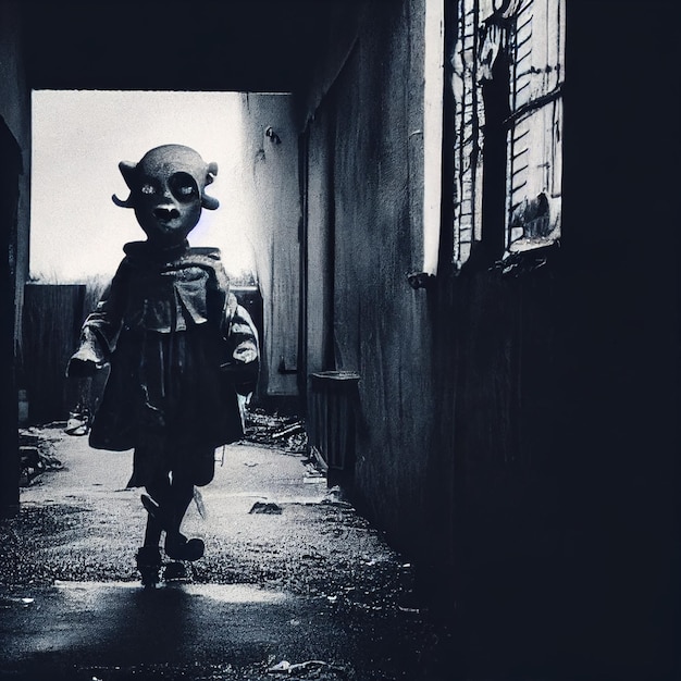 A person with a mask on walking in an alley.