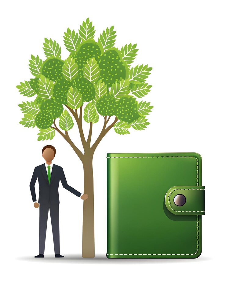 Photo person with money tree and solar symbols representing finance and renewable energy in a smart busin