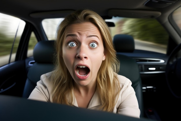 a person with the mouth open in a car
