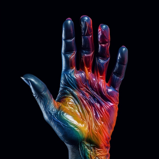 a person with a multicolored hand with a multicolored hand painted on it.