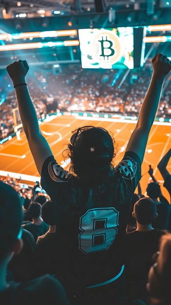 Photo a person with the number 6 on their back stands in a stadium with their hands up in the air