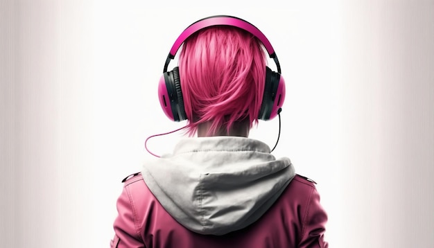 Person with pink hair in headphones listens to music on a white background Front viewGenerative AI