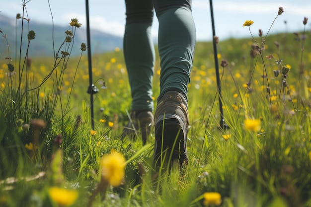 Person with poles walking through a meadow