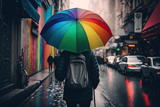 Person with rainbow umbrella and backpack walking through busy city street