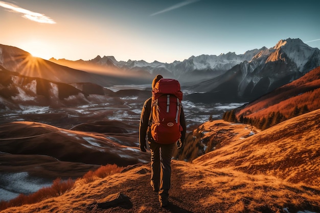 A person with a red backpack stands on a mountain top