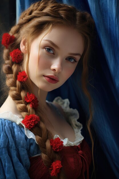 a person with red flowers in the hair